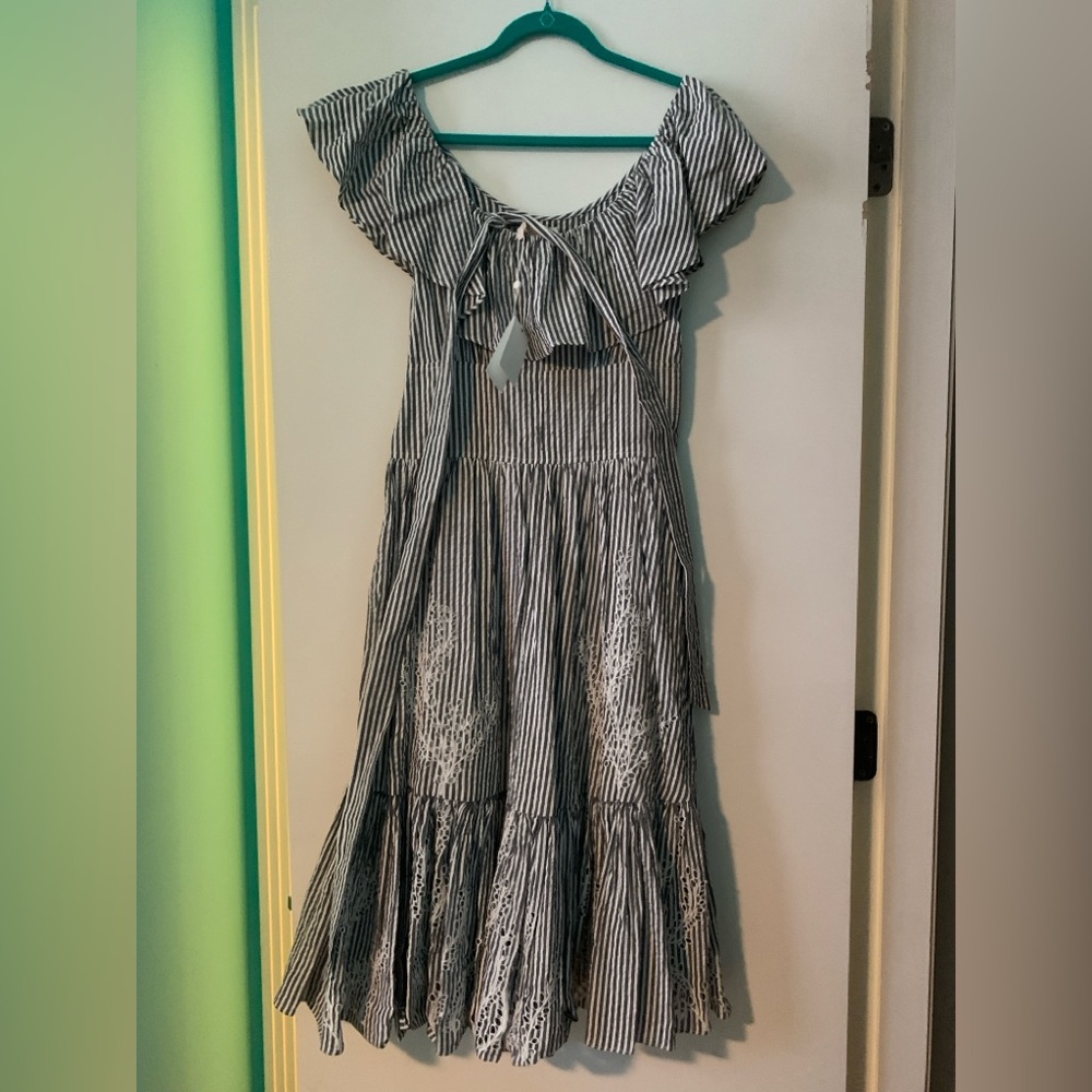 NWT Tory Burch Eyelet Embroidered Seersucker Midi On Off Shoulder Ruffle Dress 4 - Picture 5 of 11